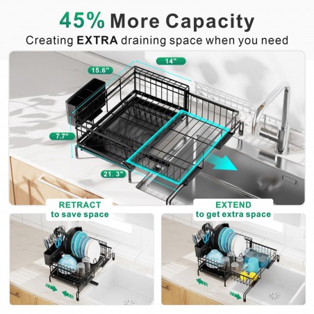 GSlife Expandable Dish Drying Rack with Drainboard - Anti-Rust 2-in-1